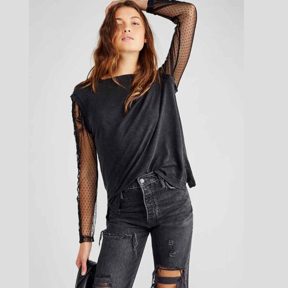 Free People Tops - Free People Black Crew Neck with Lace Sleeve